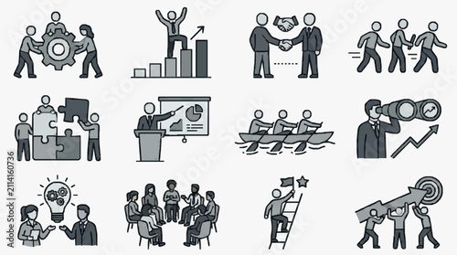 Corporate Teamwork and Business Growth Concepts Illustrated in Monochrome Icons with high quality professional line art symbols for modern creative design and digital branding projects