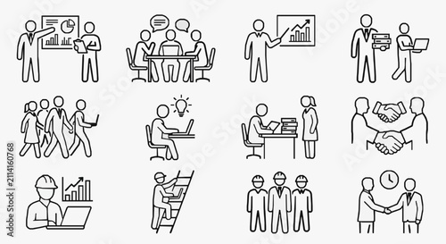 Corporate Teamwork and Business Strategy Icons Set Black and White Line Art Illustrations Featuring Meetings Presentations and Collaborations