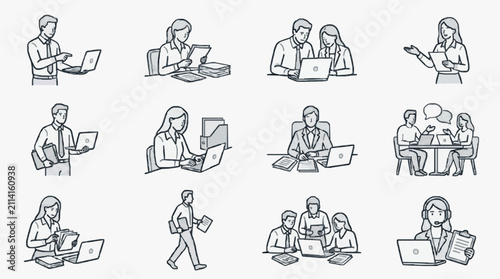 Corporate Workplace Scenarios Black and White Line Drawing Illustrations Featuring Professionals Using Laptops Documents and Communication Tools