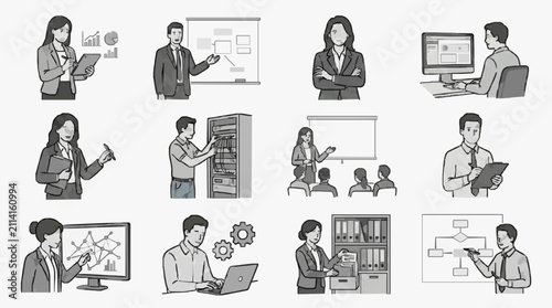 Creative Black and White Illustrations of Business and IT Professionals Collaborating with Modern Office Tools and Strategies