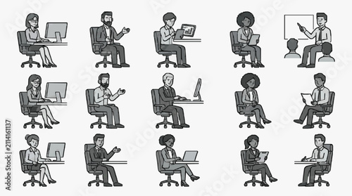 Creative Black and White Illustrations of Office Workers Engaged in Various Professional Activities
