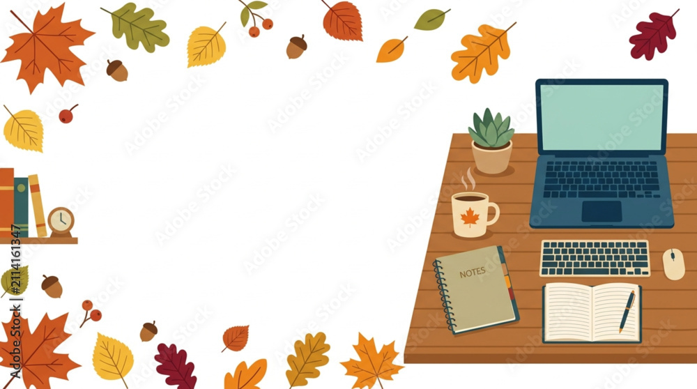 Fototapeta premium Flat lay of a wooden desk with a laptop, keyboard, and notebook, decorated with autumn leaves and acorns, evoking a cozy fall workspace atmosphere