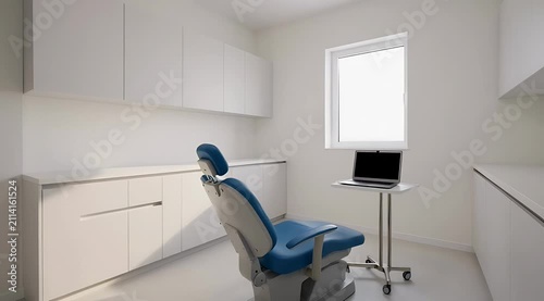 Modern dental office interior with professional blue examination chair, dental equipment, lighting, oral care and hygiene practice