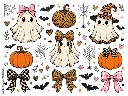 Cute halloween ghosts with pumpkins and leopard print bows, halloween