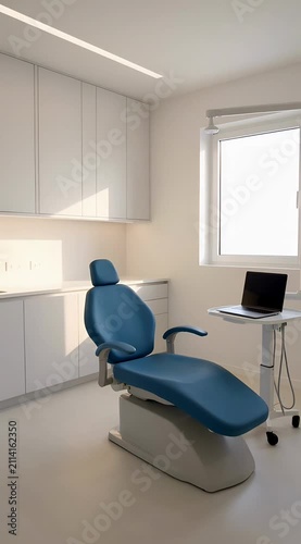modern dental office treatment room with blue examination chair, medical equipment, clinical environment for dental checkups and procedures