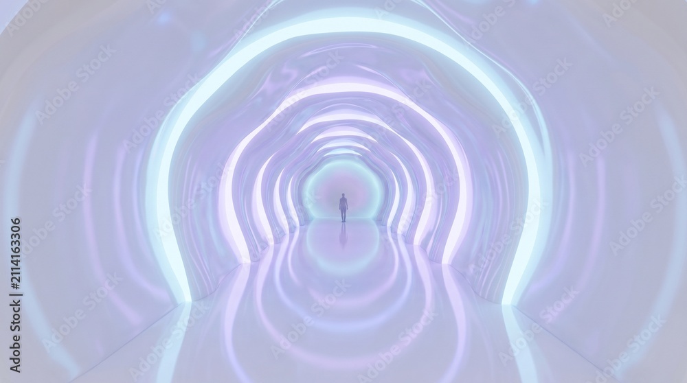 Obraz premium Abstract 3D render of a futuristic white circular tunnel with rhythmic organic arches. Conceptual architectural hallway representing a portal, innovation, and modern minimalist interior design