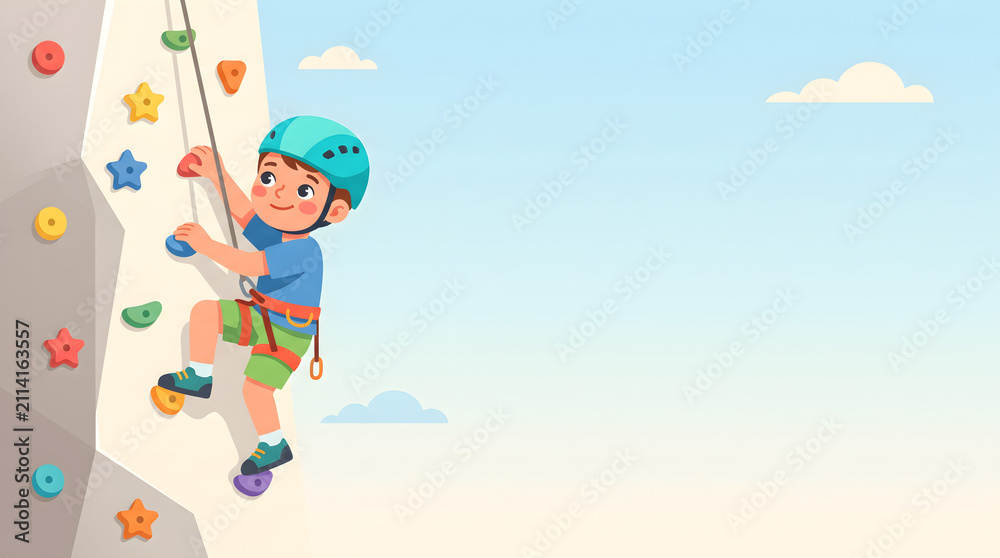 Fototapeta premium Boy Rock Climbing on Artificial Wall Outdoor Vector Illustration