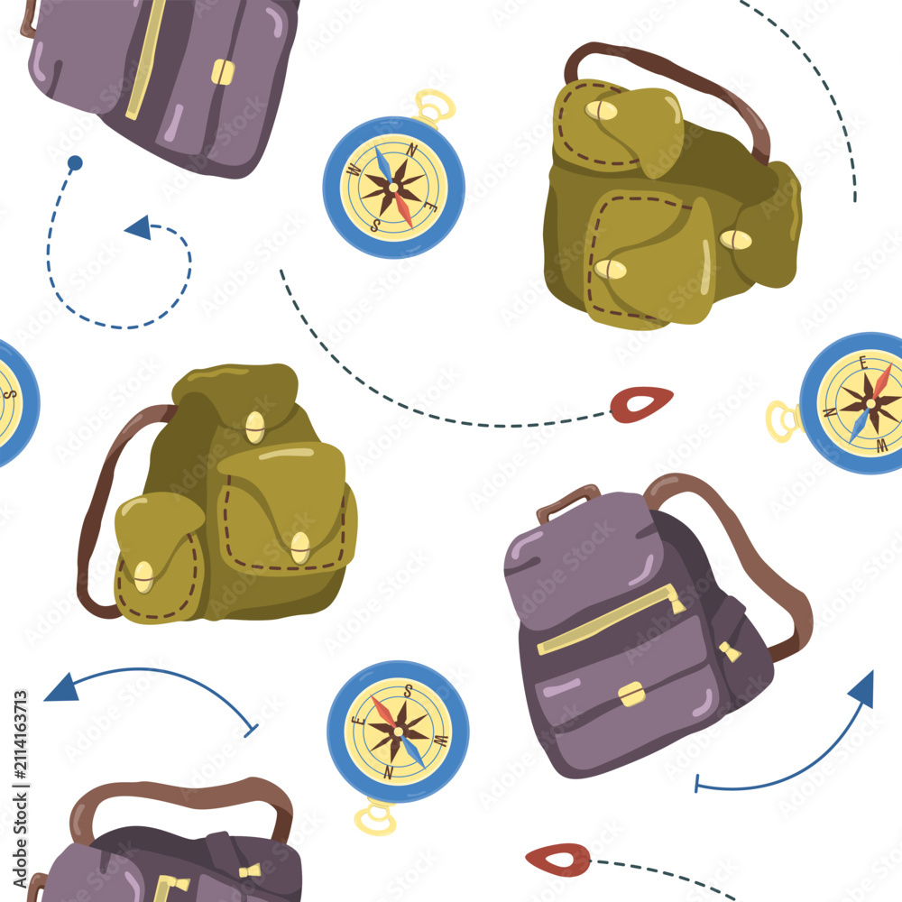 Fototapeta premium Vector seamless pattern with camping luggage. Backpacks and compass image.