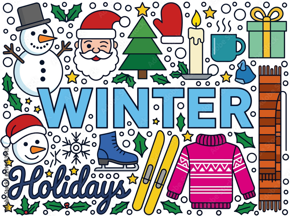 Fototapeta premium Winter Holidays Vector Doodle Collection with Santa Claus and Snowman Icons