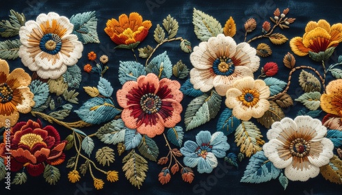 Colorful Raised Embroidery Botanical Background with Flowers and Leaves Full Frame