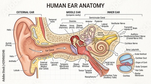 Naklejka Detailed Diagram of Human Ear Anatomy Illustrating External, Middle, and Inner Ear Structures with Labels