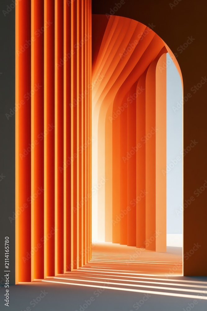 Obraz premium Abstract orange architecture with repeating arches and sunlit minimal interior corridor