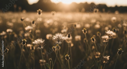 Delicate Wildflower Seed Heads in Golden Sunset Field