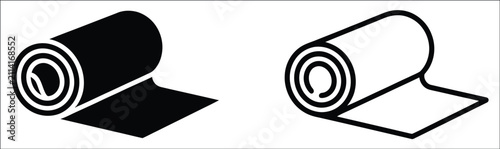 Fabric roll or bolt vector icon collection featuring textile material, sewing supplies, cloth rolls, tailoring, fashion design, upholstery and fabric industry symbols in solid black and outline styles