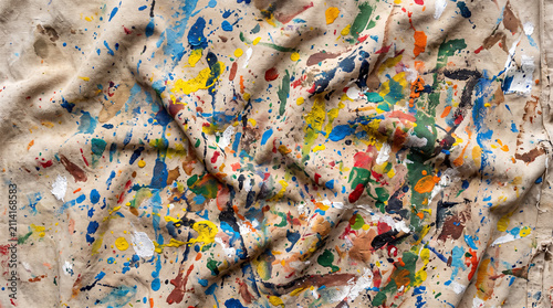 Paint splattered canvas drop cloth with soft folds and bright colour marks