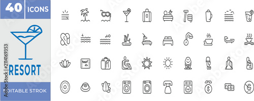 40 Resort and Hotel Vacation Line Icon Set