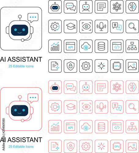 AI Assistant and Chatbot Icons Collection – Modern Editable Stroke & Flat Color Artificial Intelligence Vector Pack