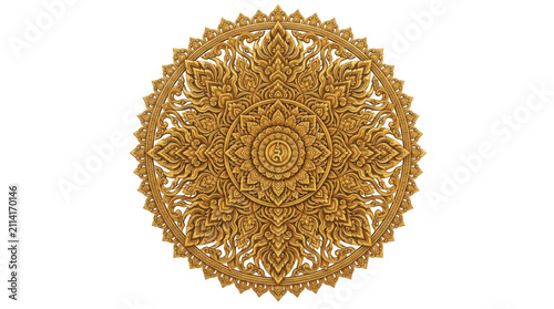 Intricate thai traditional gold mandala wood carving isolated on transparent background