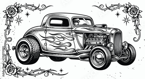 Canvas Print Black and white tattoo style illustration of a classic American hot rod muscle car with flames on the side, oversized tires, and rose floral border on a clean white background