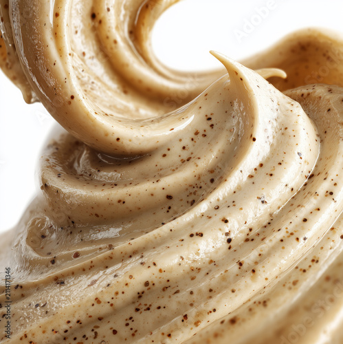 Closeup of creamy mushroom sauce isolated on white background, concept of comfort cuisine