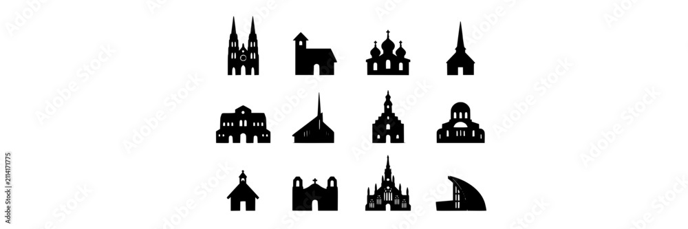 Fototapeta premium Churches with Various Architectural Styles in Black Silhouettes Arranged in a Grid Featuring Church, Architecture, Silhouette