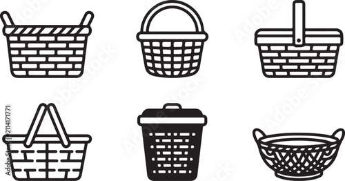 Fotografía Six different types of woven baskets and laundry hamper icons Vector