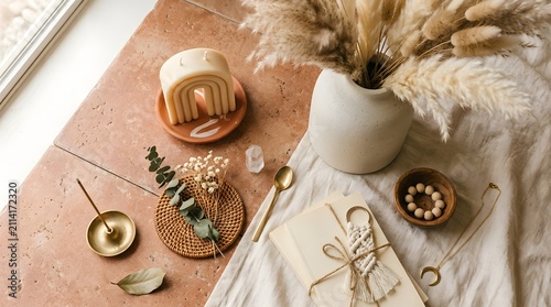 Aesthetic Bohemian Home Decor Flat Lay with Natural Textures