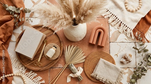 Aesthetic Boho Home Accessories Flat Lay in Warm Terracotta Tones