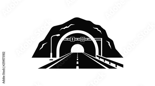 Foto Tunnel entrance silhouette with roadway and speed limit sign black on white