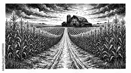 Antique monochrome engraving of a lush cornfield bordering a dusty rural country path leading towards a rustic farmstead barn under a vast expansive open sky in a peaceful scenic landscape.