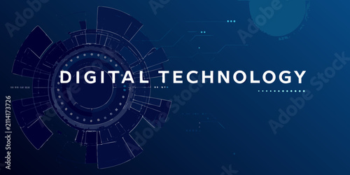 Fotografie digital technology text over futuristic circular interface on dark blue backgrou