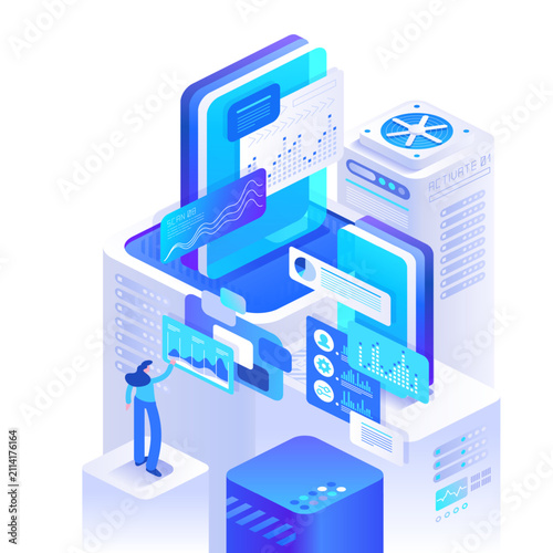 Vertical cloud infrastructure system with transparent dashboards, virtual controls and connected server modules. Isometric technology vector illustration for cybersecurity and smart networking.