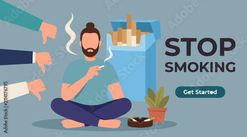 Obraz na plátně Social pressure to stop smoking, man smoking with disapproval gestures