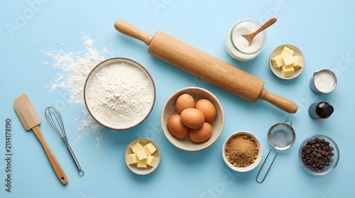 Top view of flour eggs butter and baking tools on blue surface