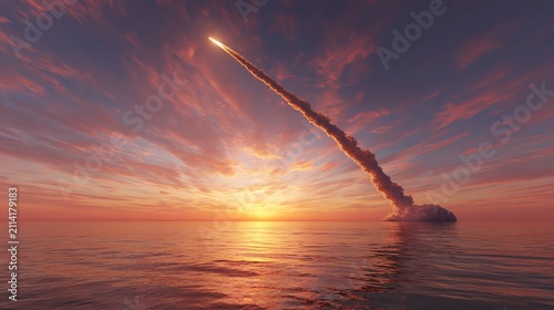 Rocket launches into sunset over the ocean.