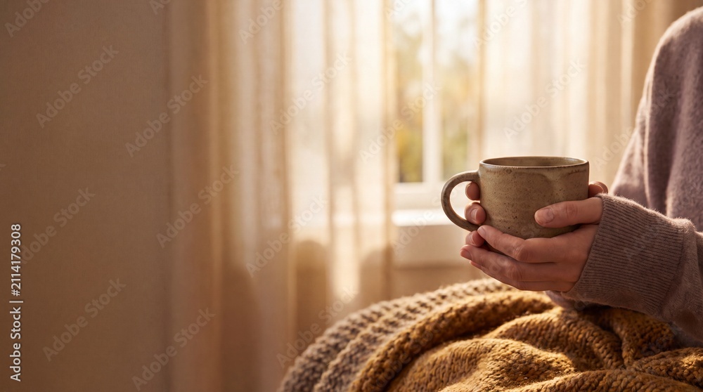 Naklejka premium Hands holding warm ceramic mug by sunlit window in cozy home with negative space