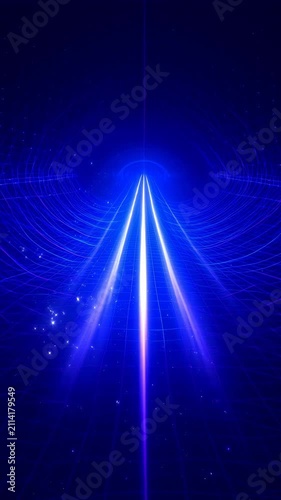 Neon blue digital tunnel with glowing laser grid lines, futuristic data travel, cyberspace perspective, virtual reality motion, high tech animation