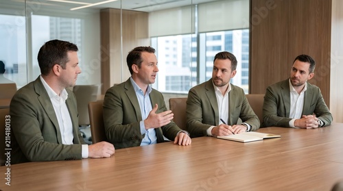 Four men in olive green blazers and white shirts in a boardroom meeting, one speaking and gesturing, another writing in a notebook, conveying strategic planning and teamwork in