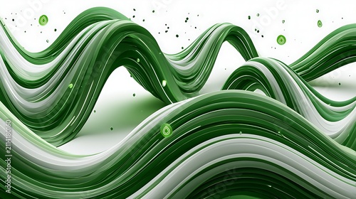Elegant renewable finance landscape built from flowing green ribbons, floating glowing carbon credit icons, ESG capital movement,