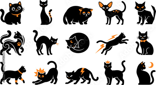 Set of cute black cat illustrations featuring various poses and expressions perfect for halloween decorations and festive seasonal graphic design projects