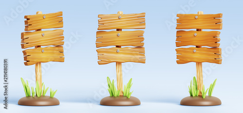 Foto Wood board signpost 3d set - blank wooden rectangular planks on posts with green grass and stones