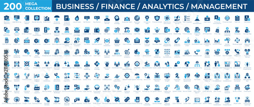 Mega collection of 200 solid icons illustrating business, finance, analytics, management, banking, accounting, investment, strategy, data and reporting. Vector illustration.