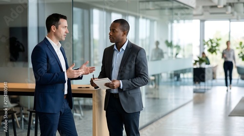 Two men in suits engaged in a serious discussion in a modern office hallway, one holding a notebook, with blurred figures and natural light in the background, business