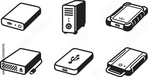 Six different portable external hard drive devices illustration Vector
