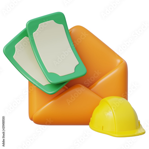 3d salary envelope with banknotes and safety helmet for payroll employee wages worker compensation