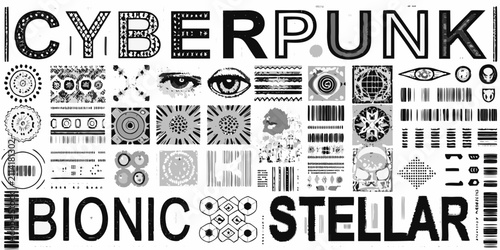 Obraz na płótnie cyberpunk themed dense black and white graphic elements collection pattern eye s