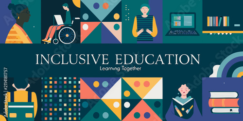 inclusive education vector illustration with diverse students learning together concept classroom scene teacher wheelchair books laptop colorful design modern style teaching knowledge school