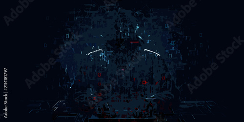 Quadro su tela hooded figure with glowing eyes in dark digital art cyberpunk mystery technology