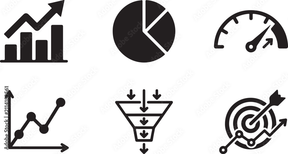 Naklejka premium Six black business performance icons set Vector
