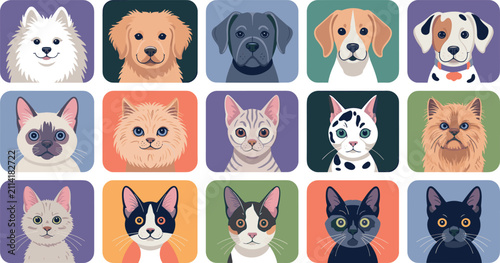 Foto Art & IllustrationCute Dog and Cat Breeds Avatar Icon Set inside Colorful Rounde